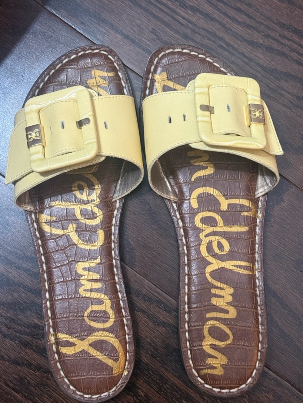 Sam Edelman Yellow Buckle Slide Sandals with Brown Croc Footbed
